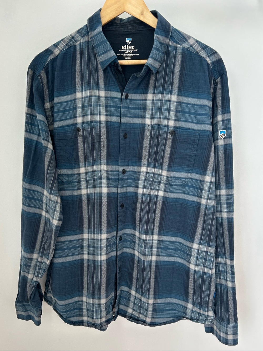 KÜHL Fugitive Flannel Shirt Men’s Large Blue Plaid Cotton Tencel Outdoor